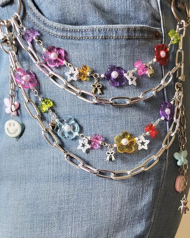 Pastel flower bag charm styled on denim